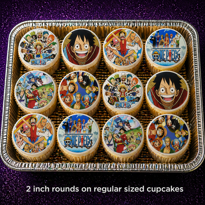 Set of 12 "One Piece" pre cut edible image discs for desserts, choose your size