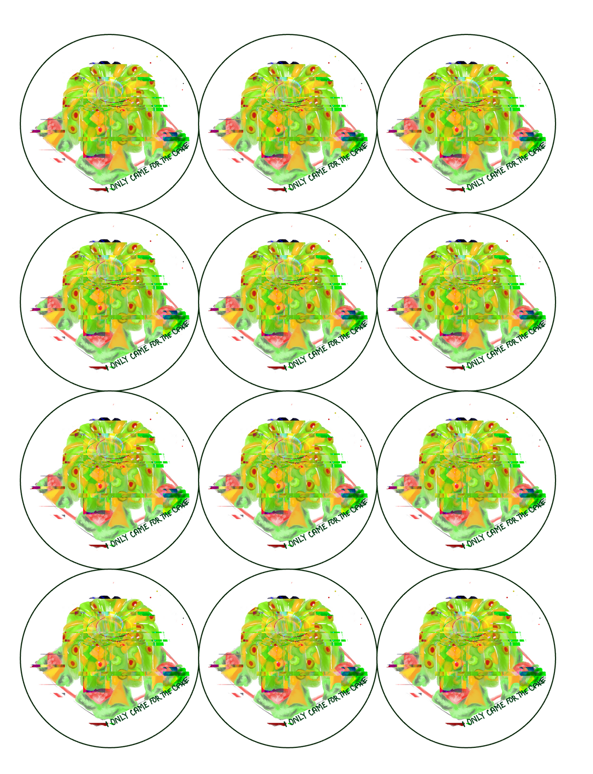 Set of 12 "Only Came For the Cake" Retro Jello Mold pre cut edible image discs for desserts, drink toppers, choose your size