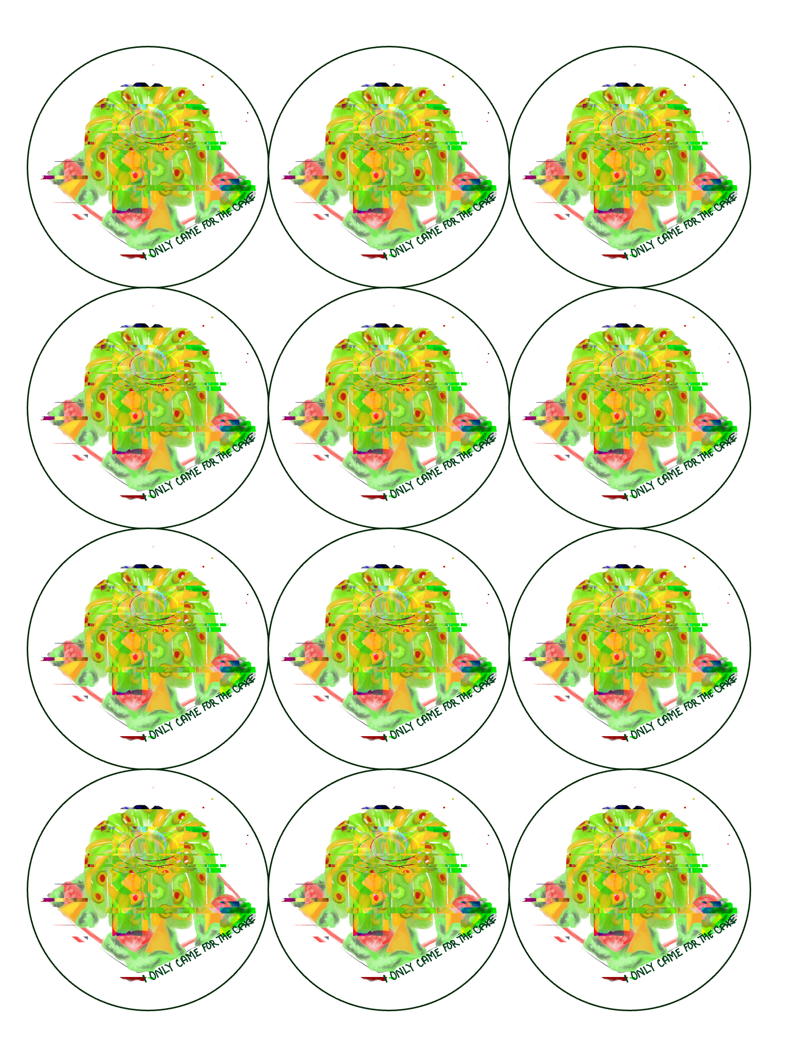 Set of 12 "Only Came For the Cake" Retro Jello Mold pre cut edible image discs for desserts, drink toppers, choose your size