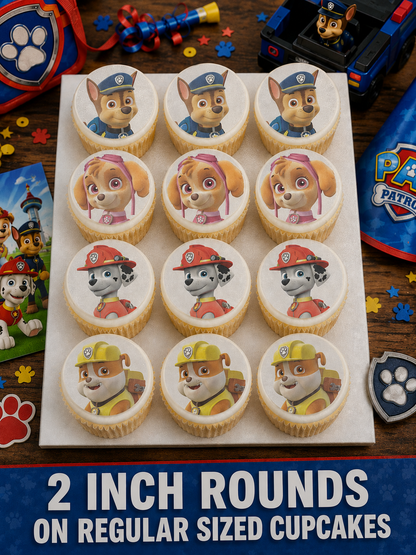 Set of 12 "Paw Patrol" pre cut edible image discs for desserts, choose your size