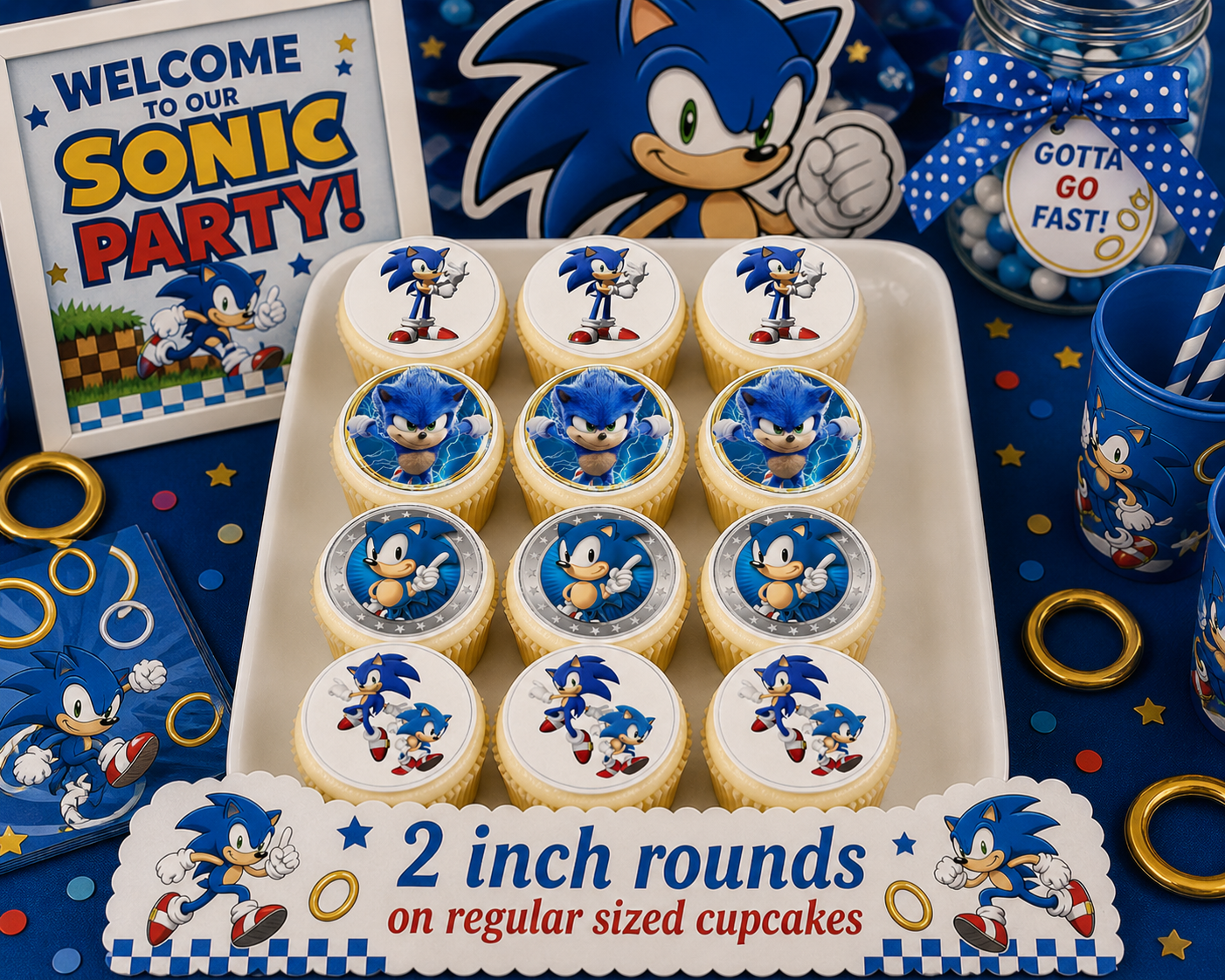 Set of 12 "Sonic" pre cut edible image discs for desserts, choose your size