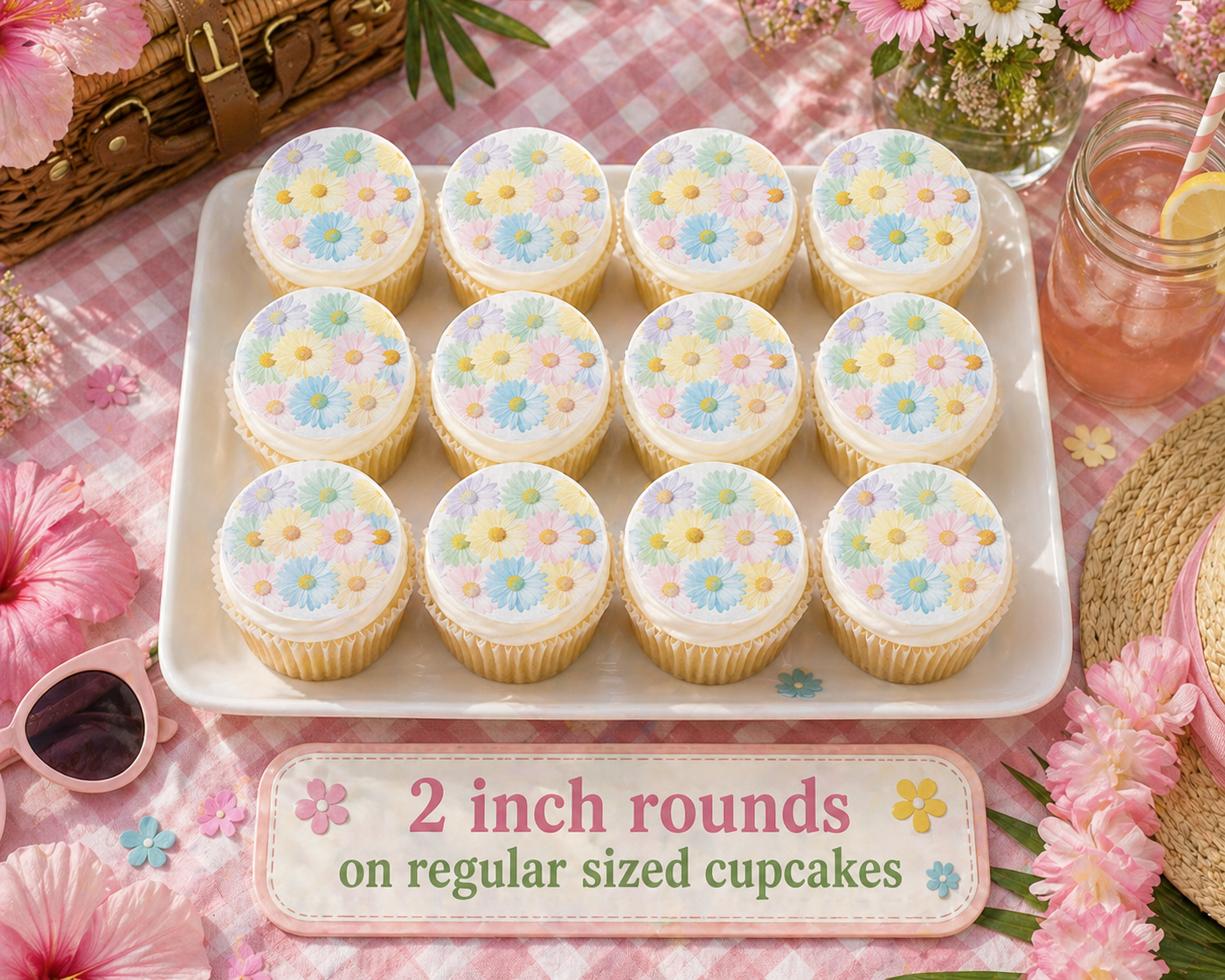 Set of 12 "Pastel Daisy Flowers" pre cut edible image discs for desserts, choose your size
