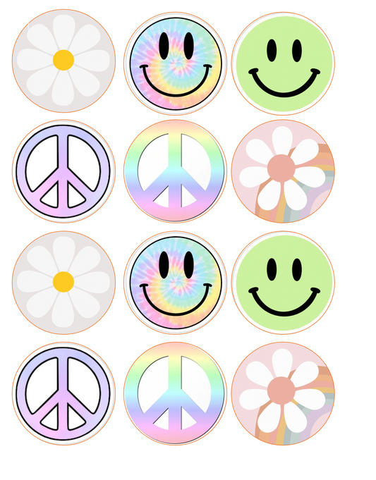 Set of 12 "Pastel Peace & Flowers" pre cut edible image discs for desserts, drink toppers, choose your size