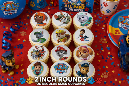 Set of 12 "Paw Patrol" pre cut edible image discs for desserts, choose your size