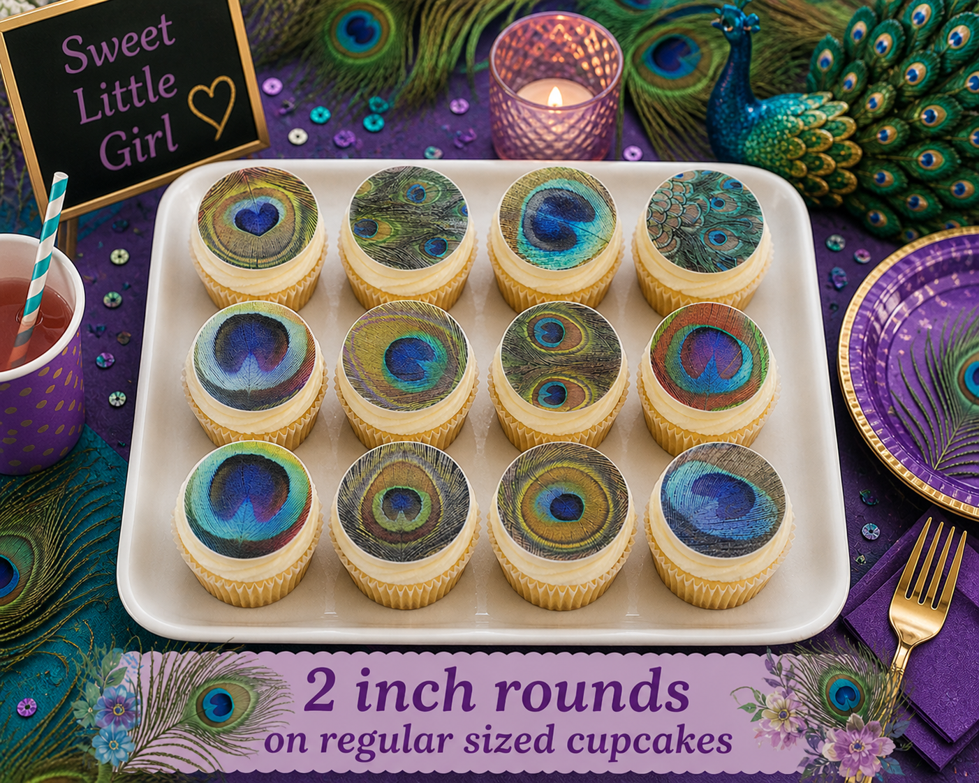 Set of 12 "Peacock Feathers" pre cut edible image discs for desserts, choose your size
