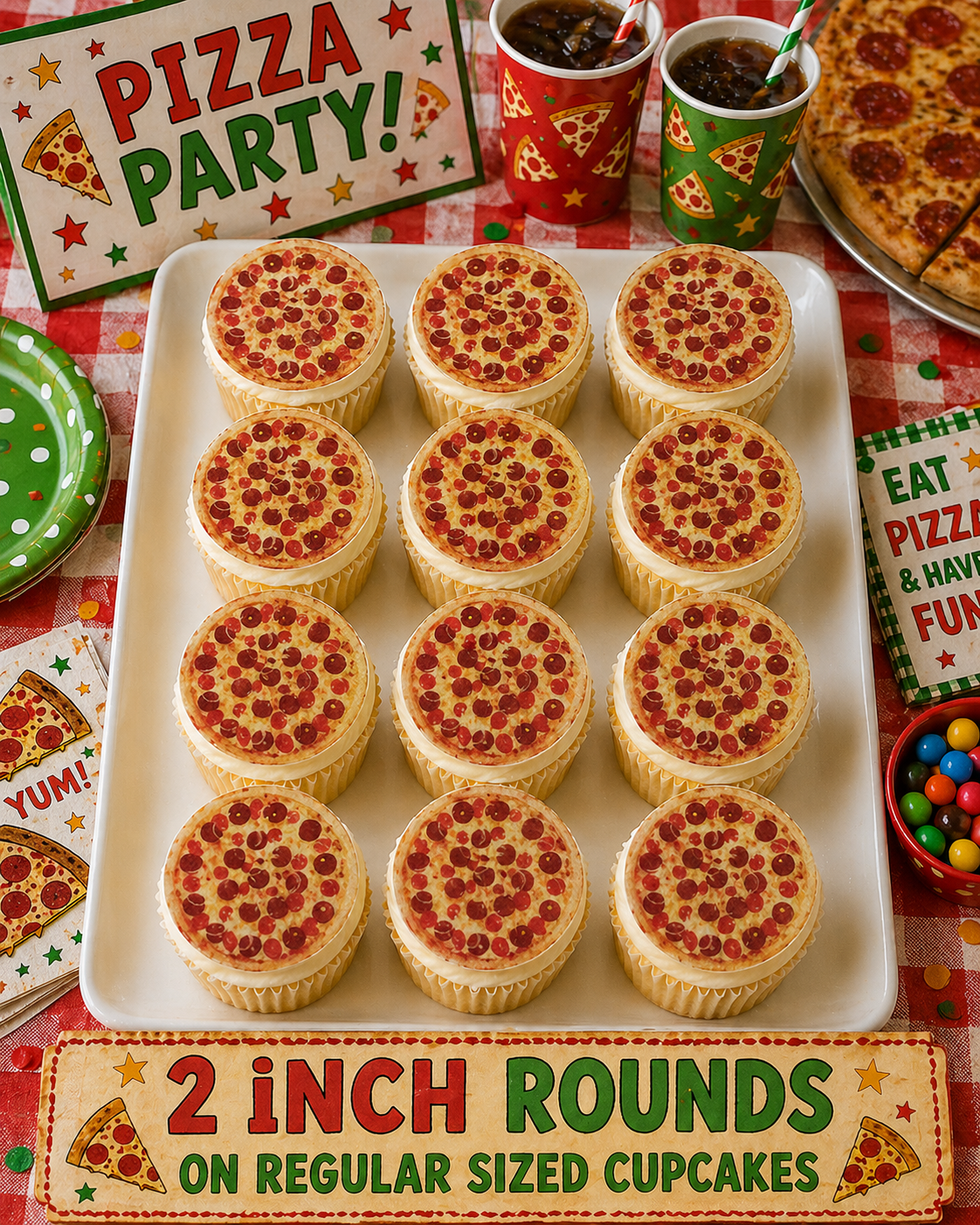 Set of 12 "Pizza Party" pre cut edible image discs for desserts, choose your size