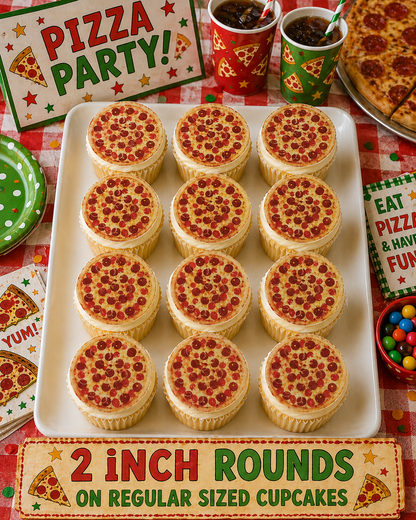 Set of 12 "Pizza Party" pre cut edible image discs for desserts, choose your size