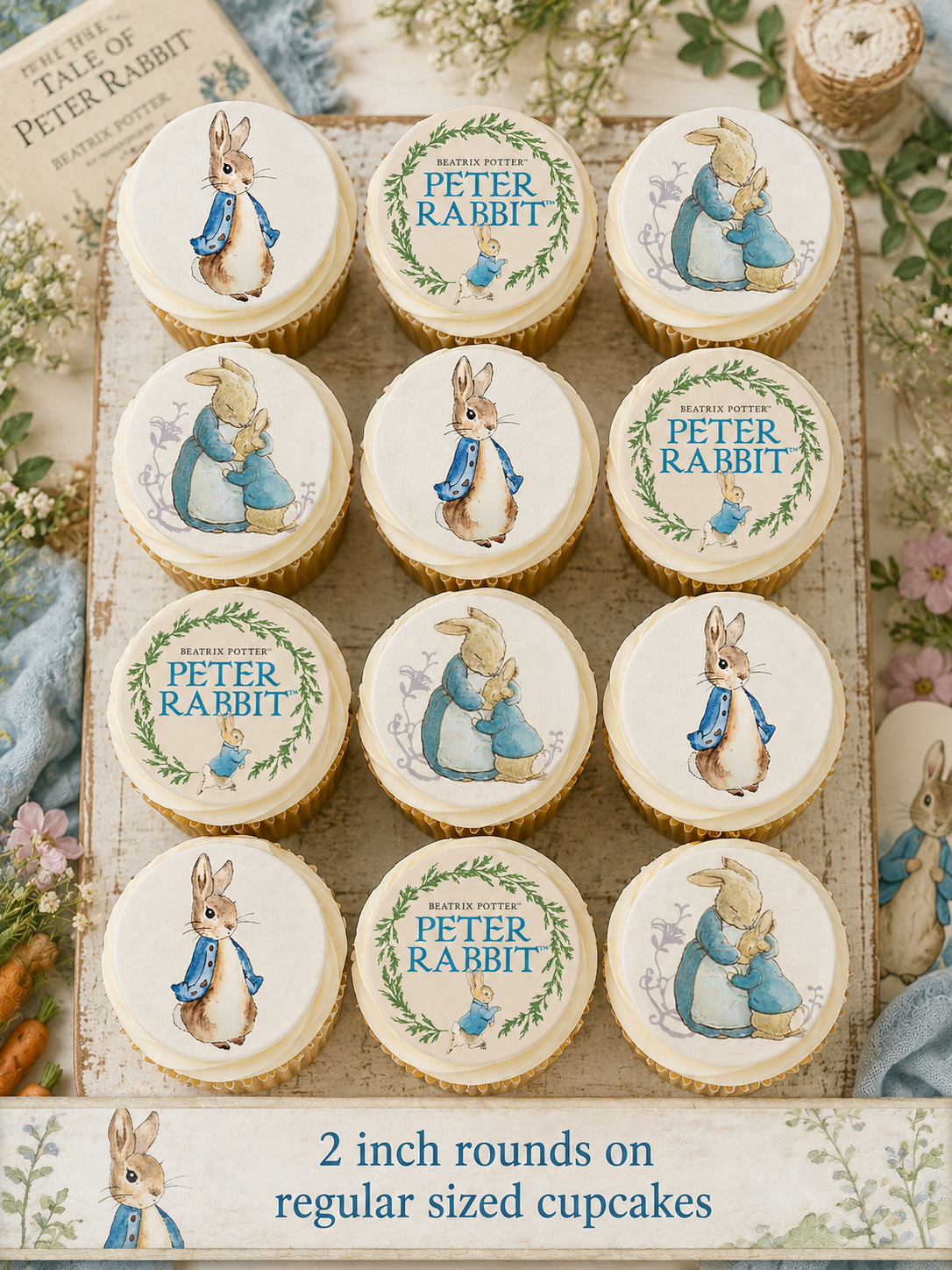 Set of 12 "Peter Rabbit Beatrix Potter" pre cut edible image discs for desserts, choose your size