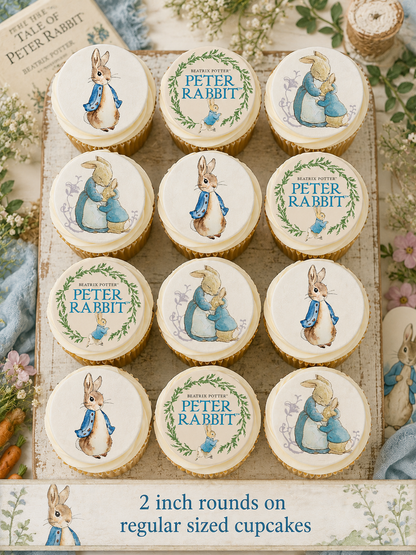 Set of 12 "Peter Rabbit Beatrix Potter" pre cut edible image discs for desserts, choose your size