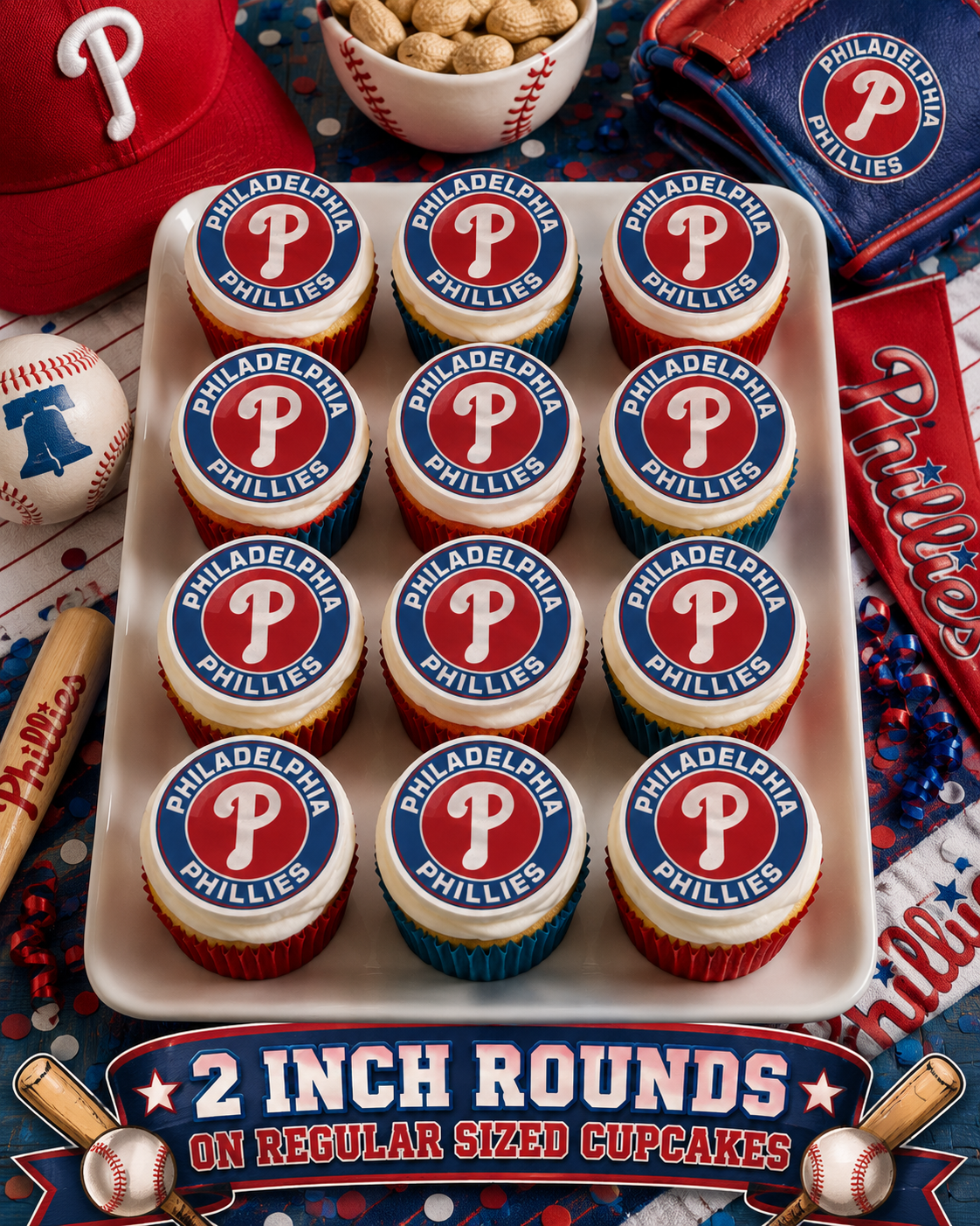 Set of 12 "Philadelphia Phillies" pre cut edible image discs for desserts, choose your size
