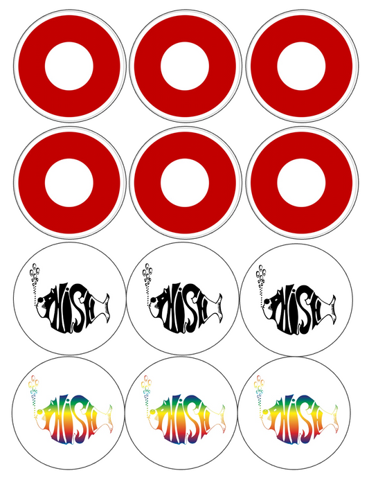 Set of 12 "Phish band" pre cut edible image discs for desserts, drink toppers, choose your size