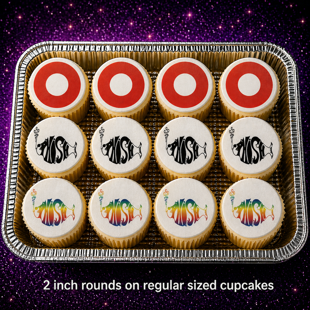 Set of 12 "Phish" pre cut edible image discs for desserts, choose your size