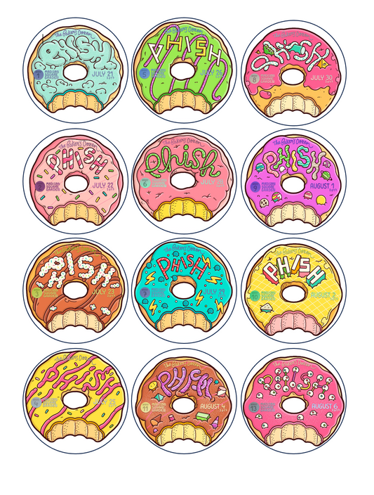 Set of 12 "Phish band donuts" pre cut edible image discs for desserts, drink toppers, choose your size