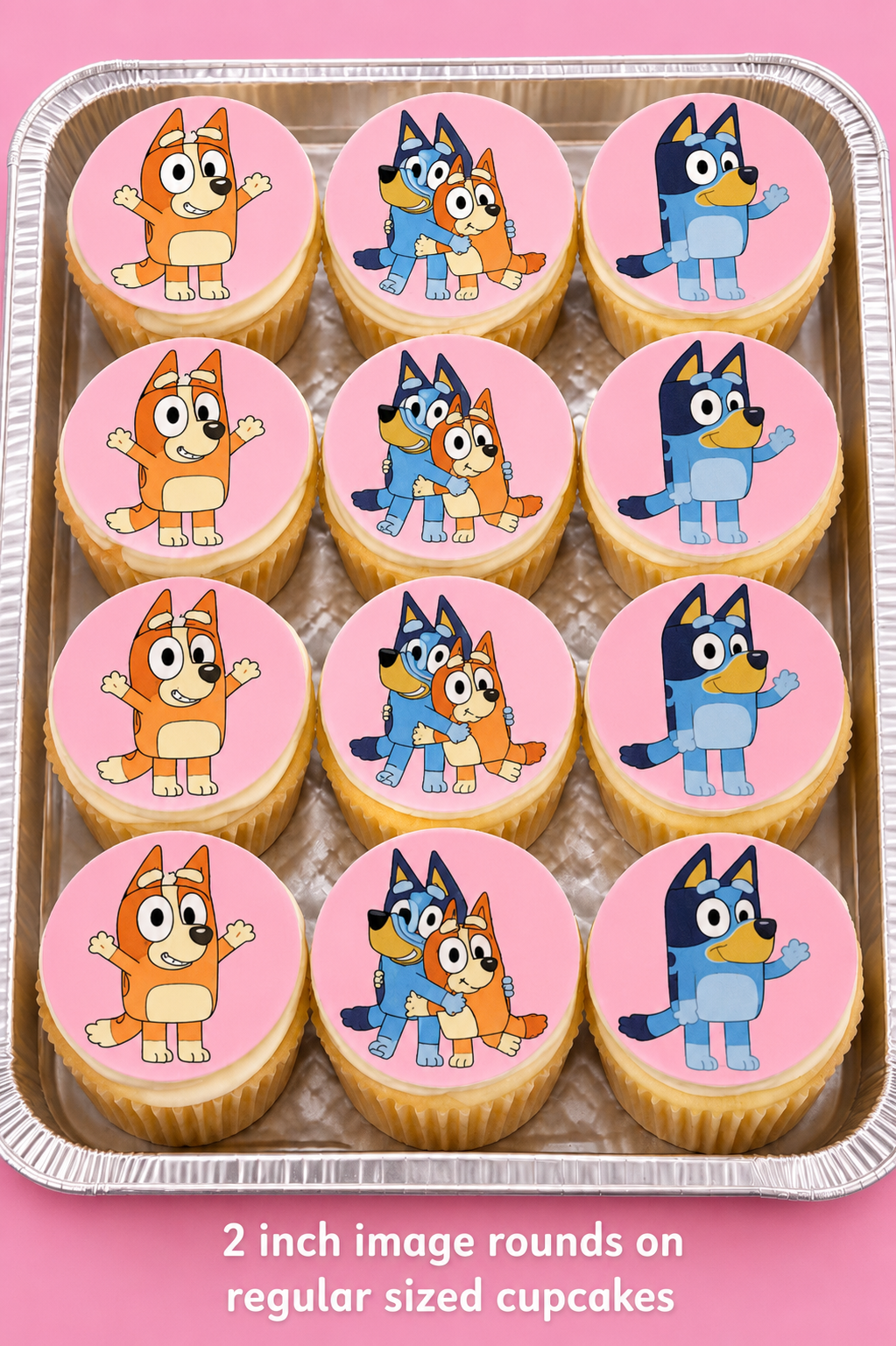 Set of 12 "Pink Bluey" pre cut edible image discs for desserts, choose your size