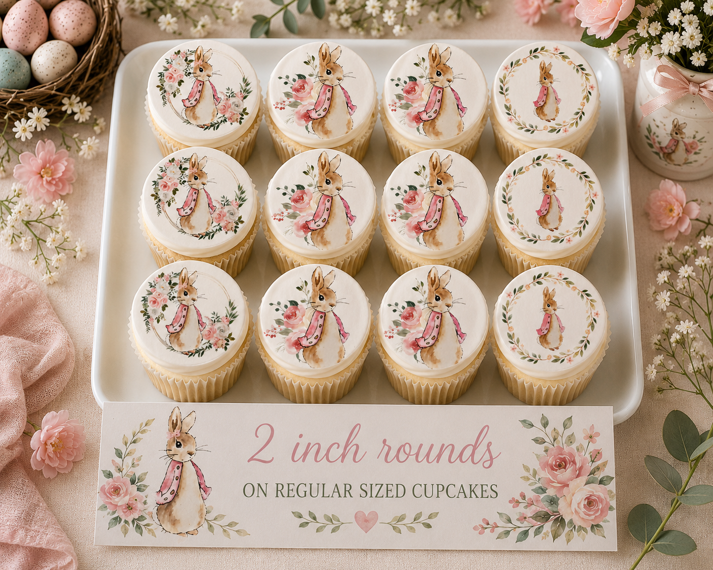 Set of 12 "Peter Rabbit, Beatrix Potter, Flopsy" pre cut edible image discs for desserts, choose your size
