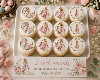 Set of 12 "Peter Rabbit, Beatrix Potter, Flopsy" pre cut edible image discs for desserts, choose your size