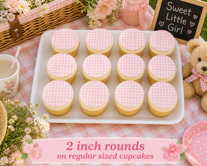 Set of 12 "light pink gingham" pre cut edible image discs for desserts, choose your size