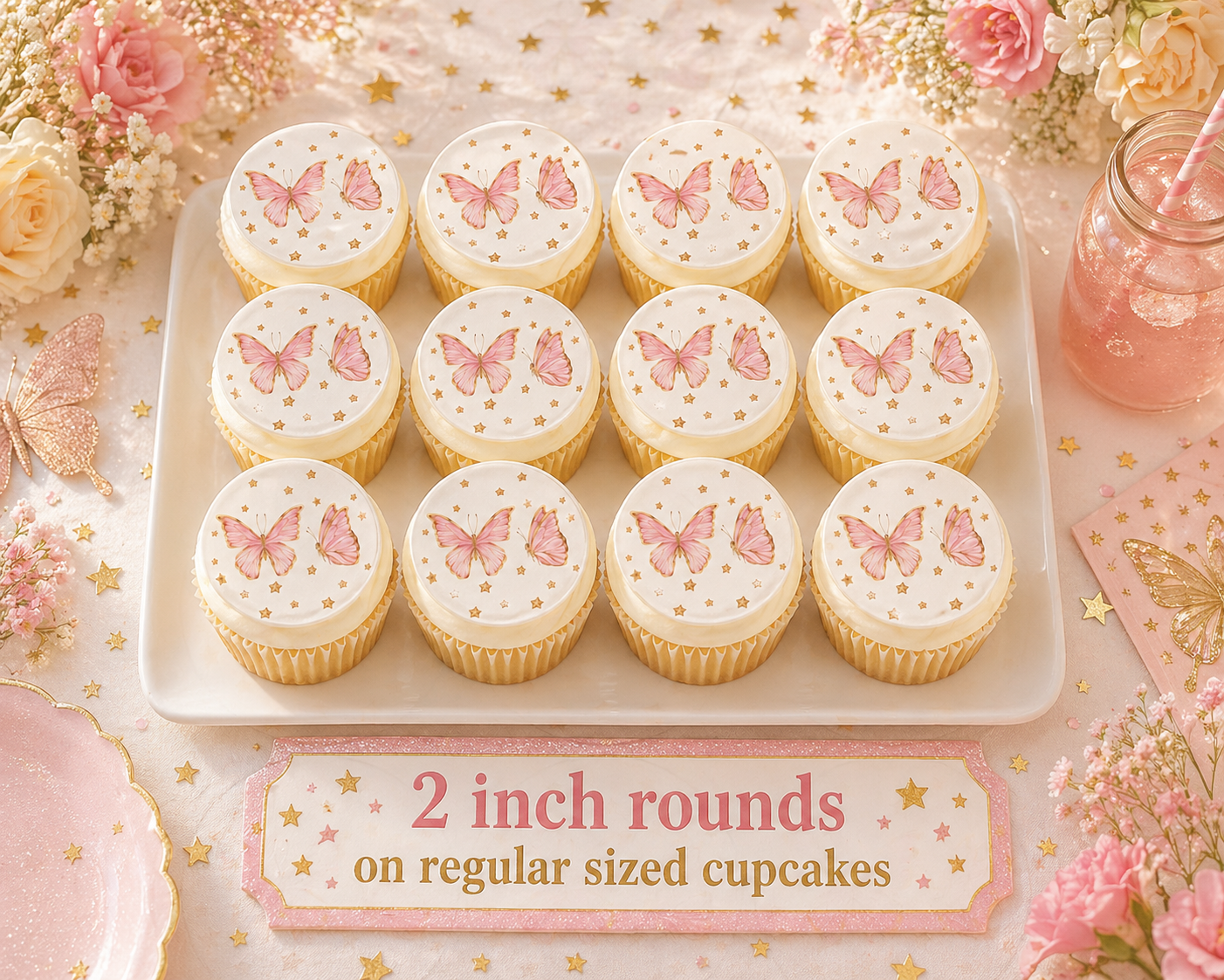 Set of 12 "Gold and Pink Butterfly" pre cut edible image discs for desserts, choose your size