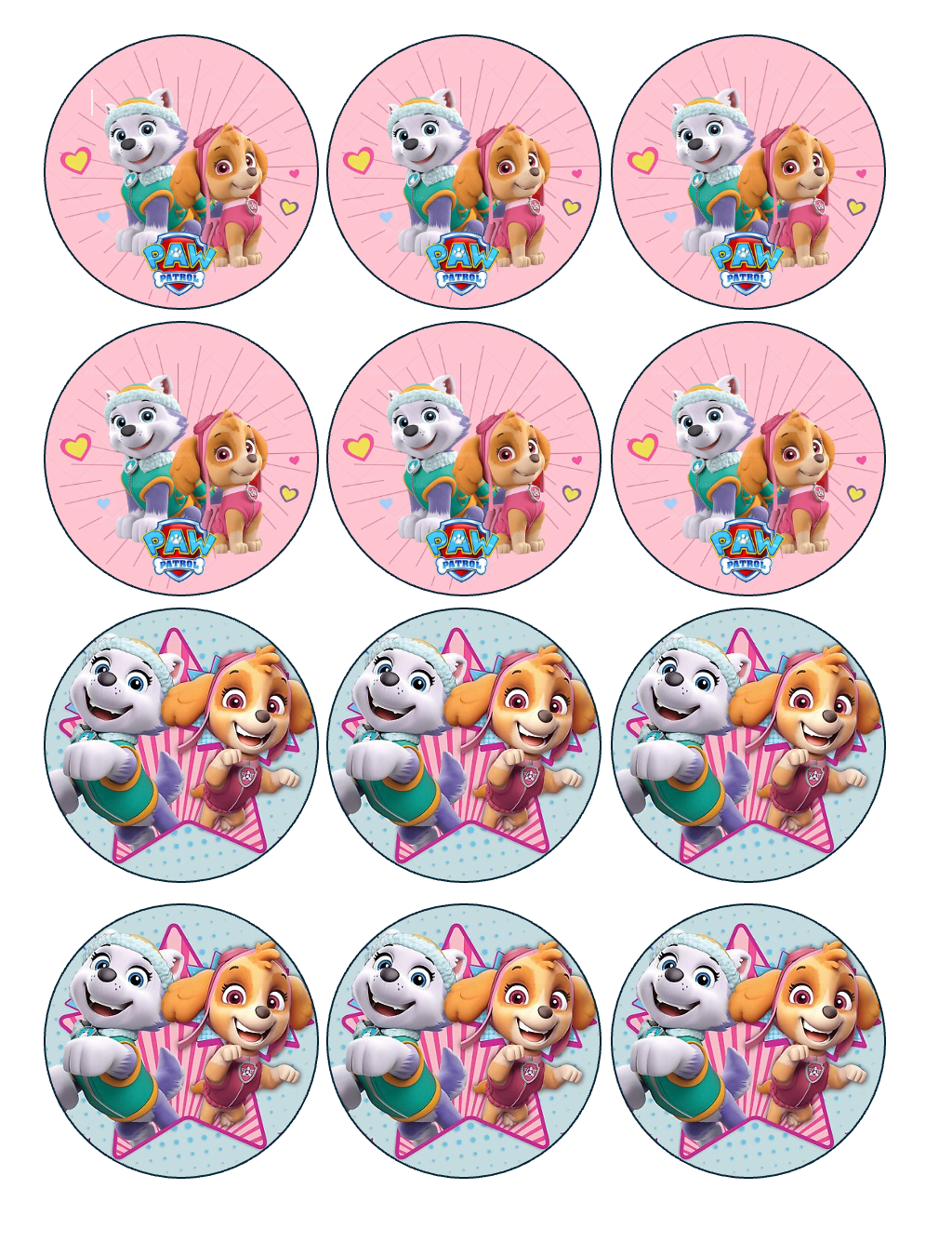 Set of 12 "Paw Patrol" pre cut edible image discs for desserts, drink toppers, choose your size