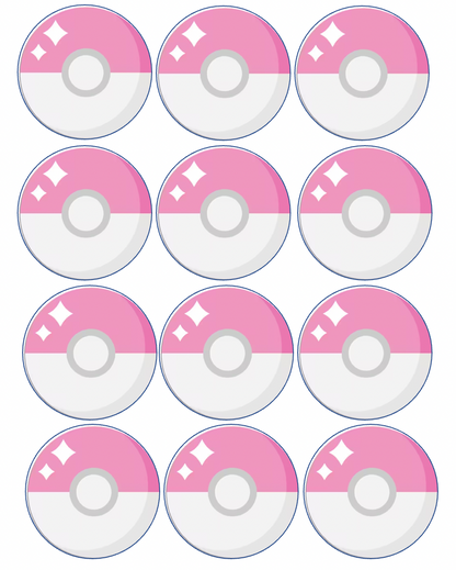 Set of 12 "Pink Pokemon Pokeball" pre cut edible image discs for desserts, choose your size