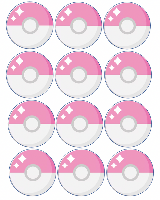 Set of 12 "Pink Pokemon Pokeball" pre cut edible image discs for desserts, choose your size