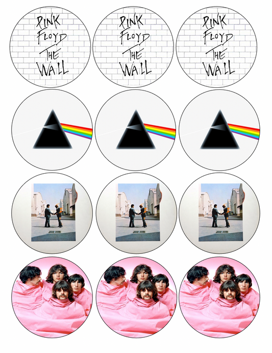 Set of 12 "Pink Floyd" pre cut edible image discs for desserts, drink toppers, choose your size