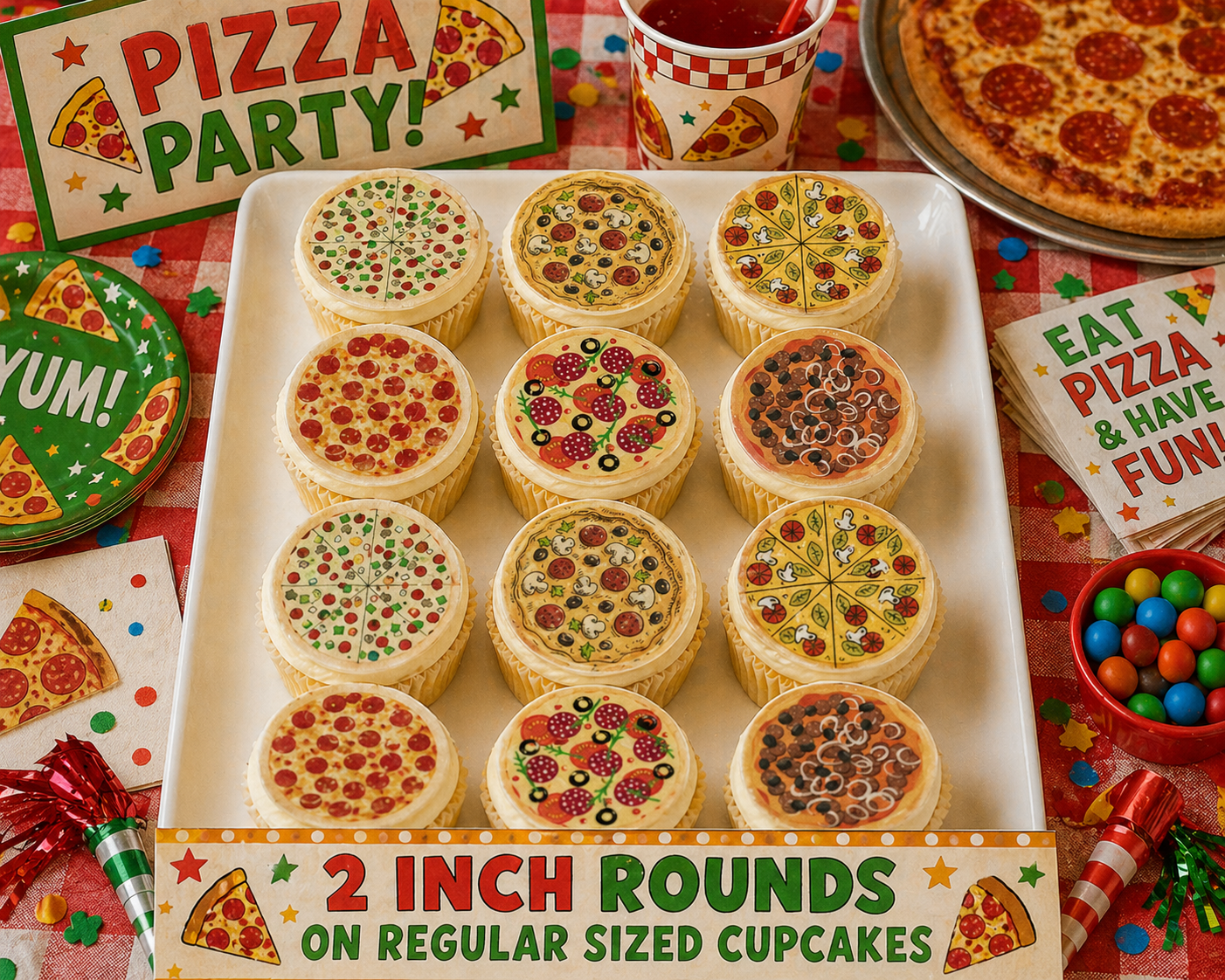 Set of 12 "Pizza Party" pre cut edible image discs for desserts, choose your size