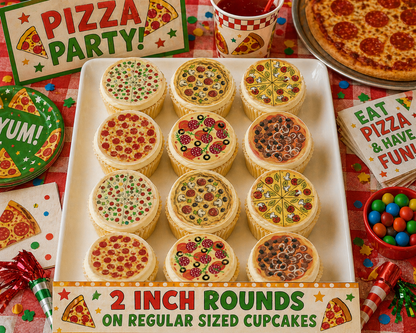 Set of 12 "Pizza Party" pre cut edible image discs for desserts, choose your size