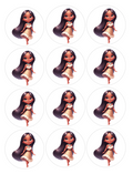 Set of 12 Pocahontas, pre cut edible image discs for desserts, choose your size