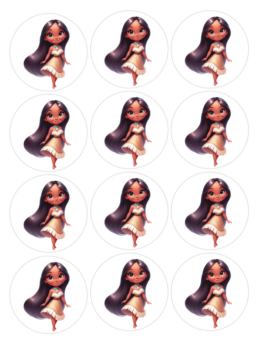 Set of 12 Pocahontas, pre cut edible image discs for desserts, choose your size