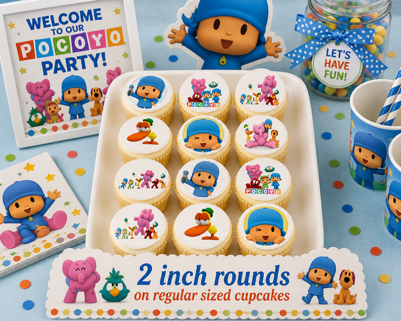 Set of 12 "Pocoyo" pre cut edible image discs for desserts, choose your size