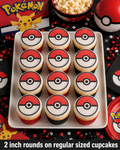 Set of 12 "Pokeball" pre cut edible image discs for desserts, choose your size