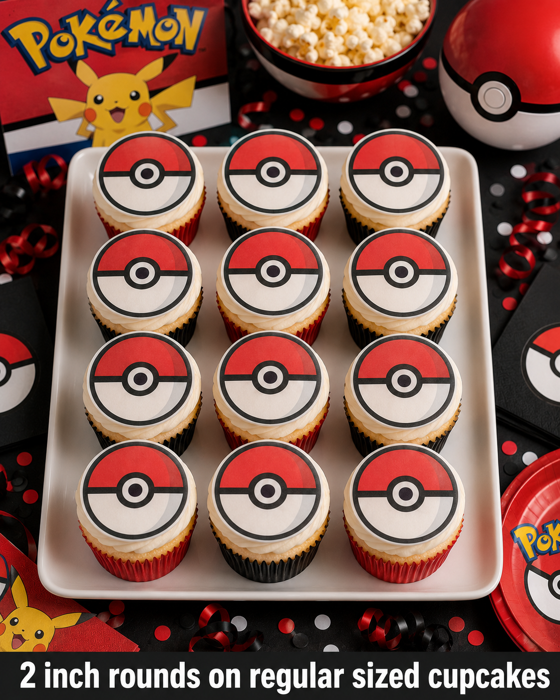 Set of 12 "Pokeball" pre cut edible image discs for desserts, choose your size