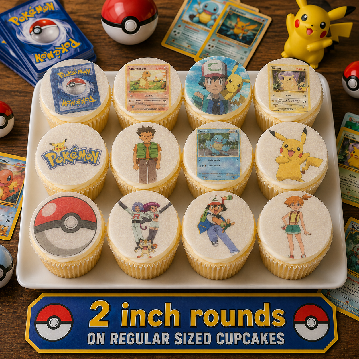 Set of 12 "Pokemon" pre cut edible image discs for desserts, choose your size