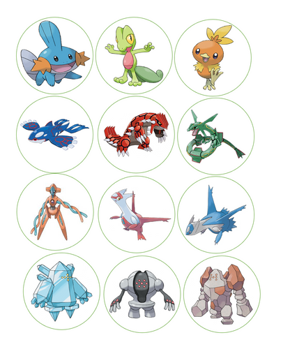 Set of 12 "Pokemon" pre cut edible image discs for desserts, drink toppers, choose your size