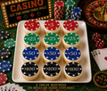 Set of 12 "Casino, Poker Chips" pre cut edible image discs for desserts, choose your size