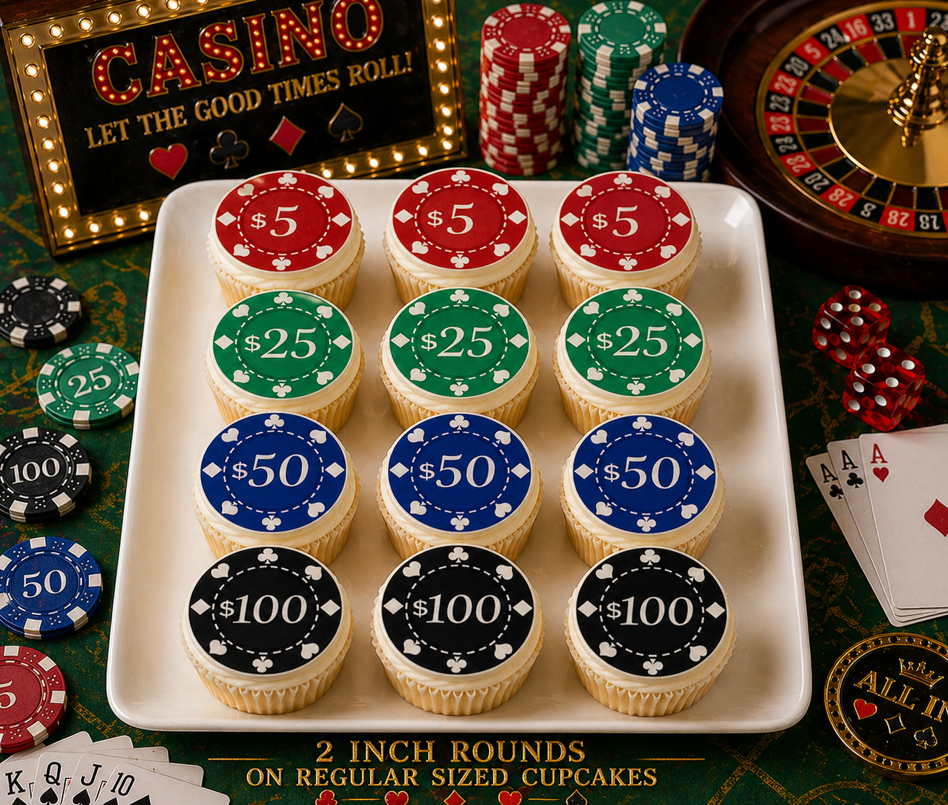 Set of 12 "Casino, Poker Chips" pre cut edible image discs for desserts, choose your size