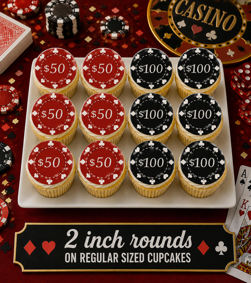 Set of 12 "Casino, Poker Chips" pre cut edible image discs for desserts, choose your size