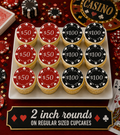 Set of 12 "Casino, Poker Chips" pre cut edible image discs for desserts, choose your size