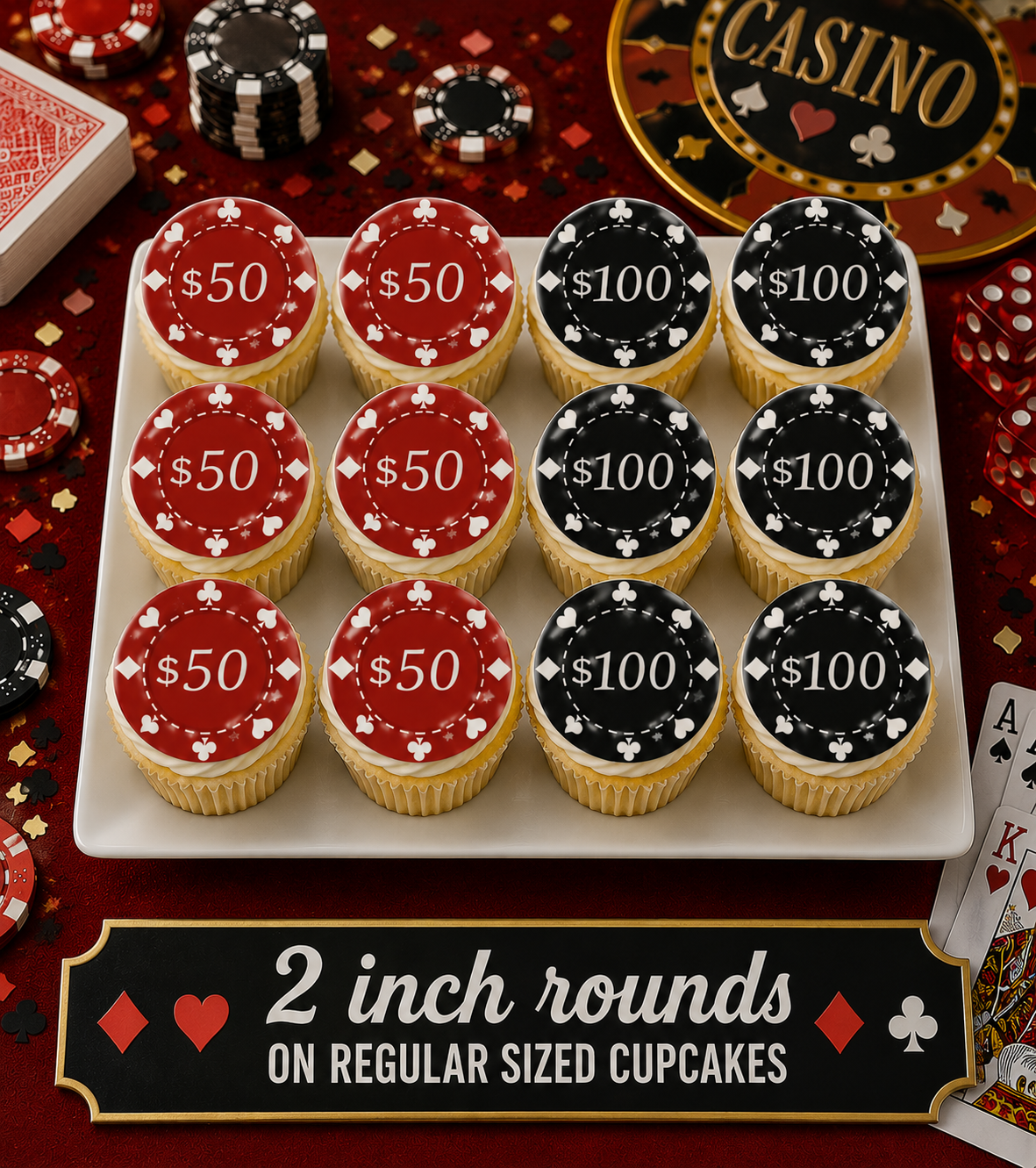 Set of 12 "Casino, Poker Chips" pre cut edible image discs for desserts, choose your size
