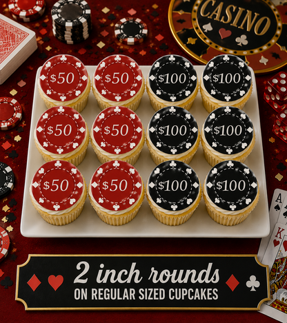 Set of 12 "Casino, Poker Chips" pre cut edible image discs for desserts, choose your size