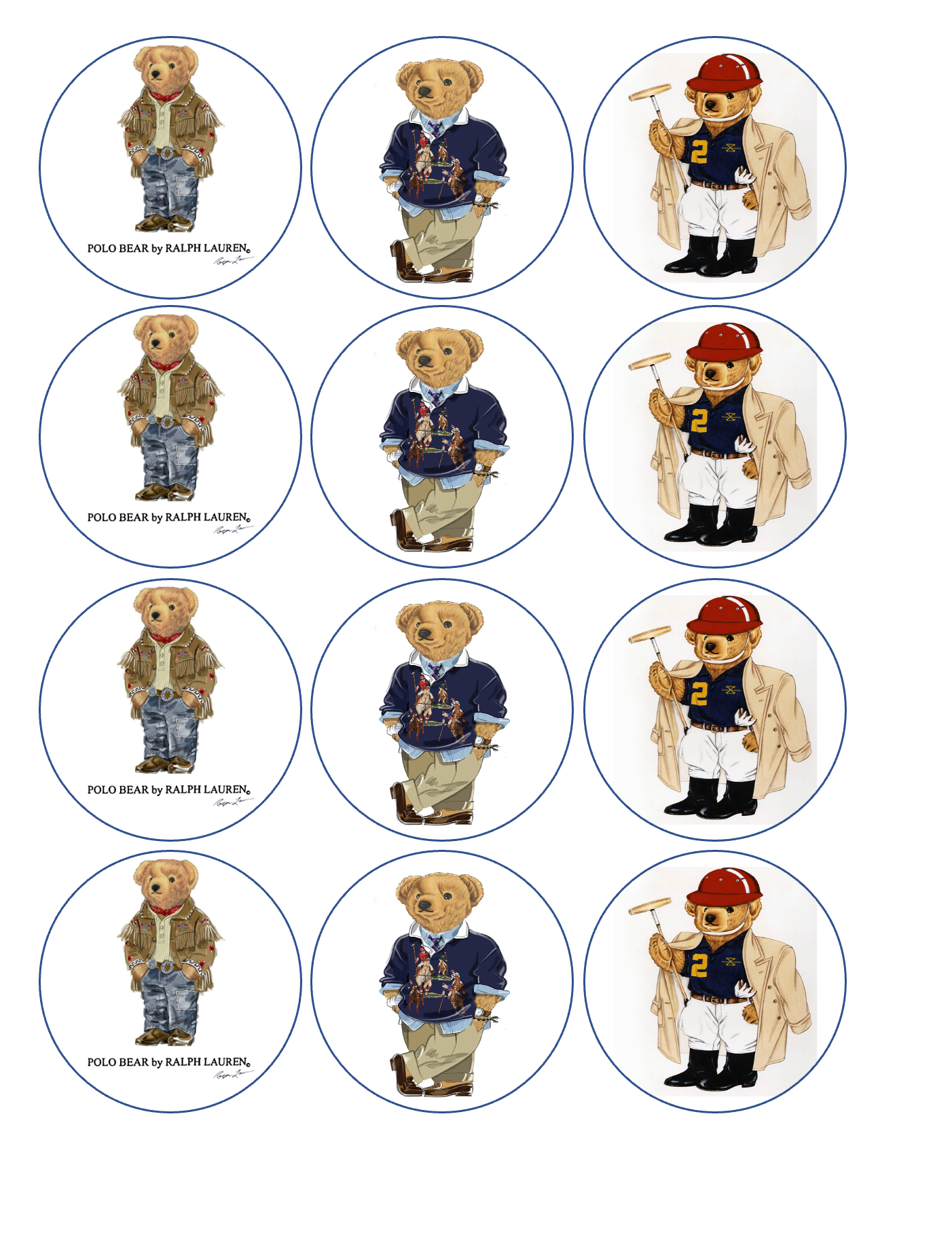 Set of 12 "Polo Bear" pre cut edible image discs for desserts, drink toppers, choose your size