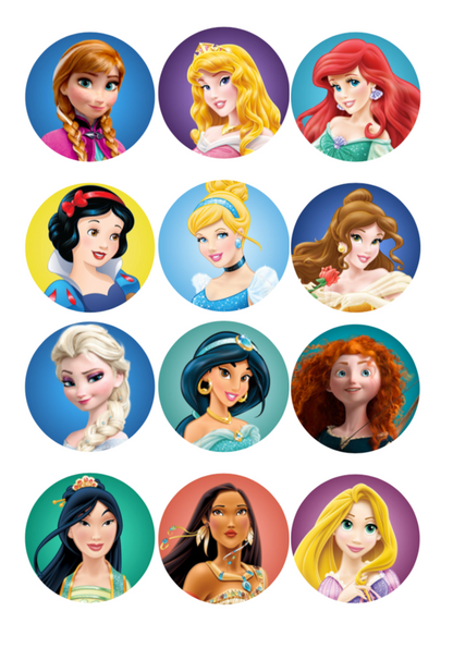 Set of 12 "Disney Princess" pre cut edible image discs for desserts, drink toppers, choose your size