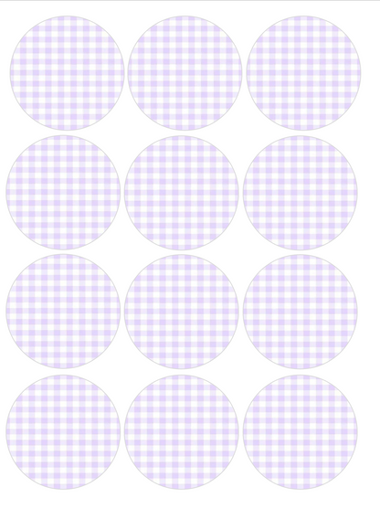 Set of 12 "Light Purple Gingham Plaid" pre cut edible image discs for desserts, choose your size
