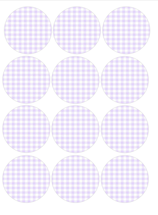 Set of 12 "Light Purple Gingham Plaid" pre cut edible image discs for desserts, choose your size