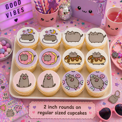 Set of 12 "Pusheen" pre cut edible image discs for desserts, choose your size