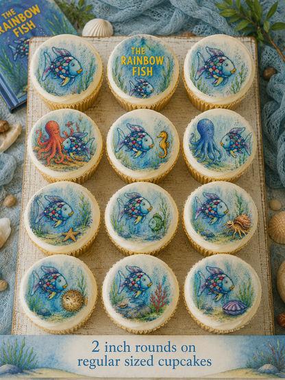 Set of 12 The Rainbow Fish Book edible images rounds for desserts, pre cut, many sizes available