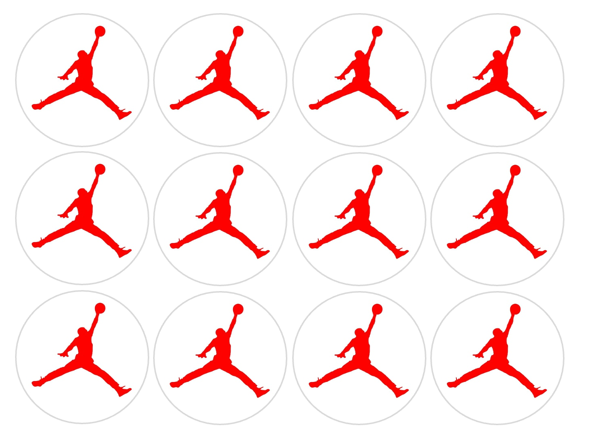 Set of 12 "Red Jordan Basketball" pre cut edible image discs for desserts, choose your size