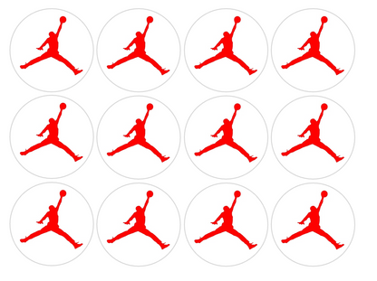 Set of 12 "Red Jordan Basketball" pre cut edible image discs for desserts, choose your size