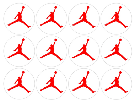 Set of 12 "Red Jordan Basketball" pre cut edible image discs for desserts, choose your size